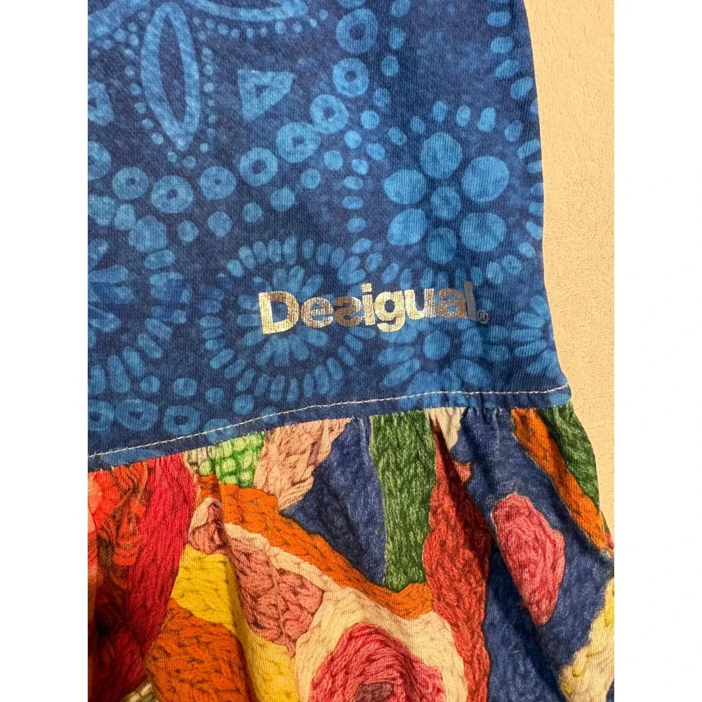 Desigual Uagadugu Girls Blue Mandala Embroidered Mirror Ruffle Dress Size 9/10